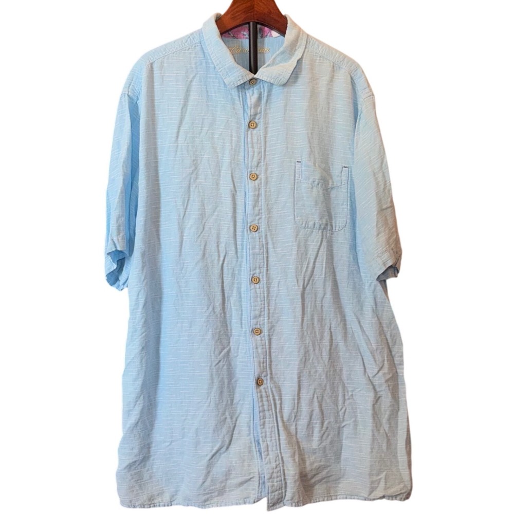 Caribbean Mens 3XT Light Blue‎ Linen Cotton Short Sleeve Button Down Shirt Slub